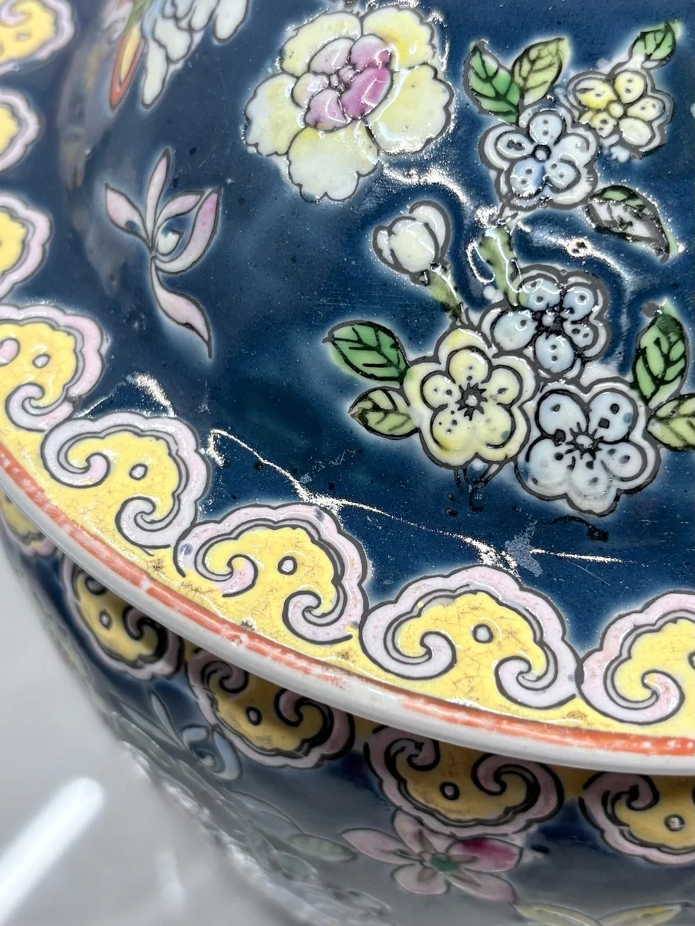 Vintage Chinoiserie Porcelain Ginger Jar Cobalt Blue Floral Lidded Jar